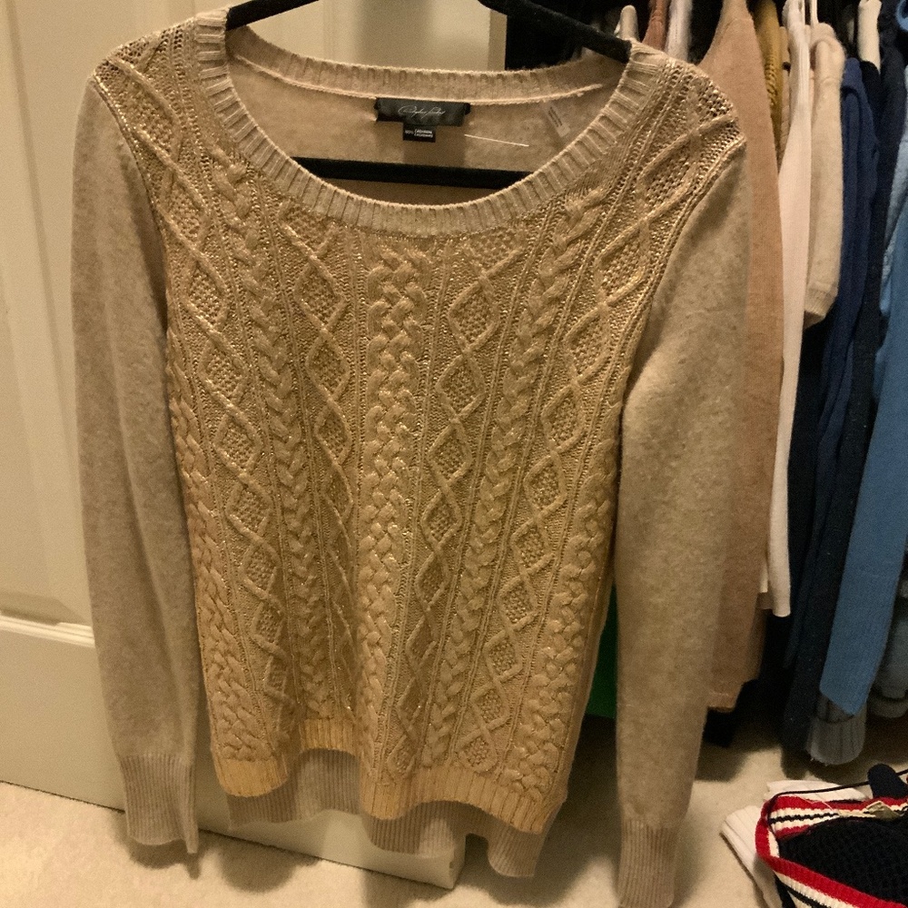 Christopher Fischer Isabel Gold Foil Beige Cashmere Cable Knit Sweater Size S